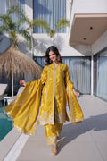 Lorenvalley Fashion Yellow H O Silk with Sequins & Zari Embroidered work Kurta Pant with Dupatta | Grocsy
