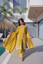 Lorenvalley Fashion Yellow H O Silk with Sequins & Zari Embroidered work Kurta Pant with Dupatta | Grocsy
