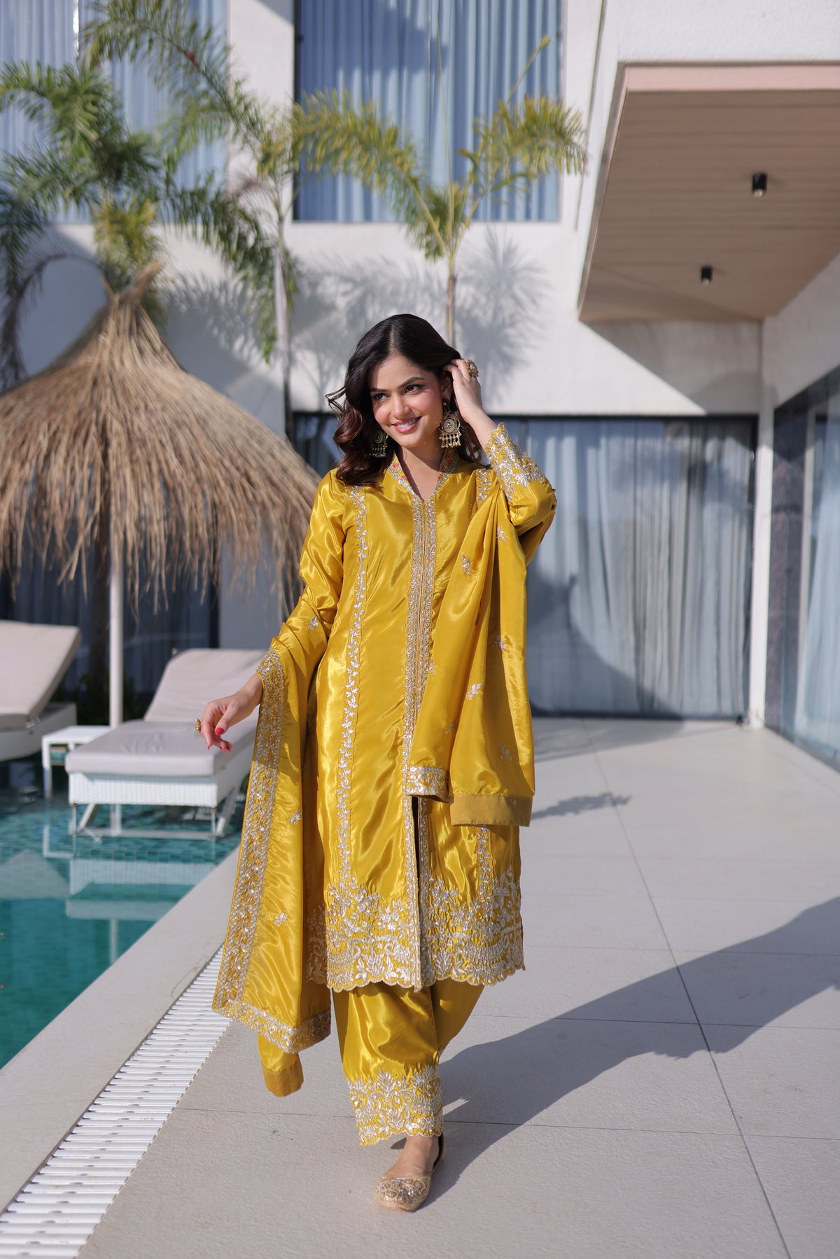 Lorenvalley Fashion Yellow H O Silk with Sequins & Zari Embroidered work Kurta Pant with Dupatta | Grocsy