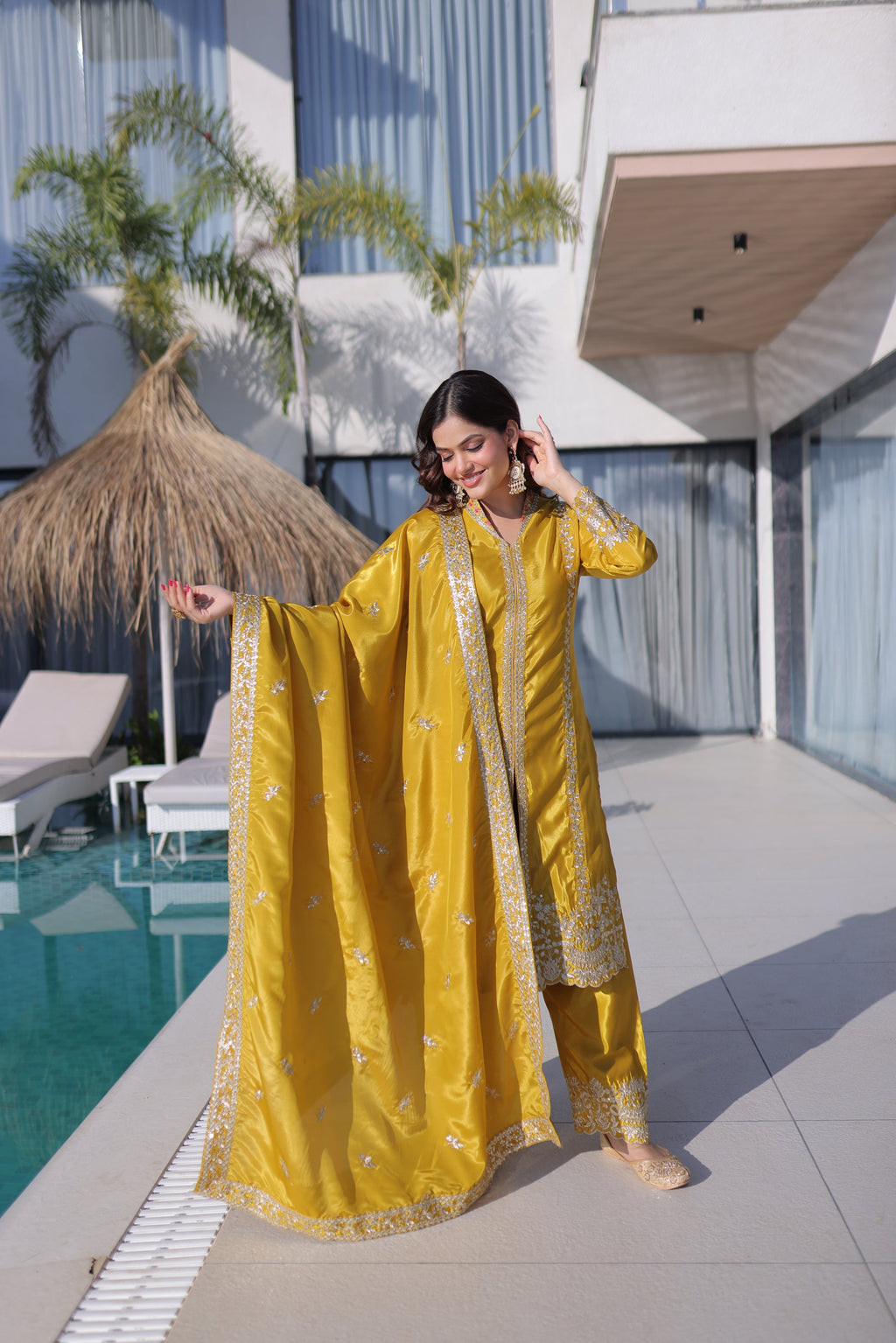 Lorenvalley Fashion Yellow H O Silk with Sequins & Zari Embroidered work Kurta Pant with Dupatta | Grocsy