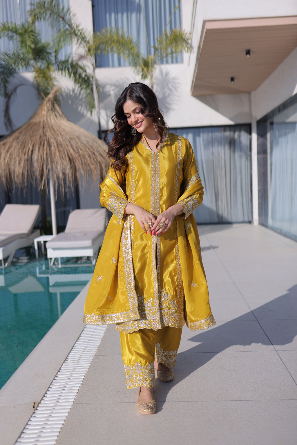 Lorenvalley Fashion Yellow H O Silk with Sequins & Zari Embroidered work Kurta Pant with Dupatta | Grocsy