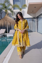 Lorenvalley Fashion Yellow H O Silk with Sequins & Zari Embroidered work Kurta Pant with Dupatta | Grocsy