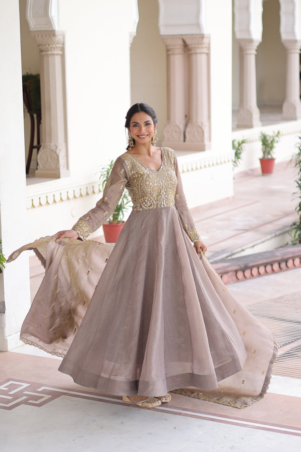 Lorenvalley Fashion Grey Gold Crush with Rich Sequins & Zari Embroidered work Gown with Dupatta | Grocsy
