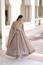 Lorenvalley Fashion Grey Gold Crush with Rich Sequins & Zari Embroidered work Gown with Dupatta | Grocsy