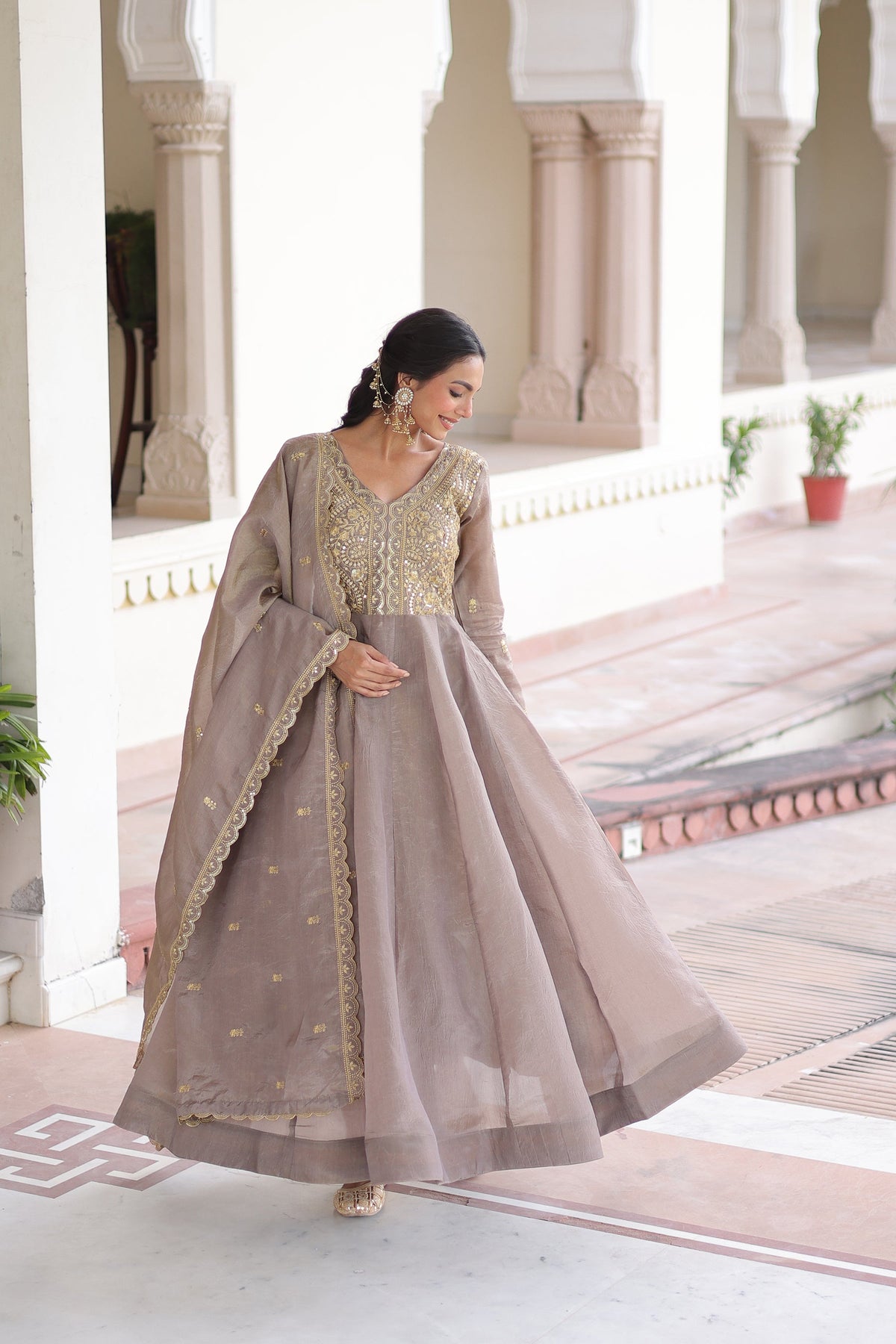 Lorenvalley Fashion Grey Gold Crush with Rich Sequins & Zari Embroidered work Gown with Dupatta | Grocsy