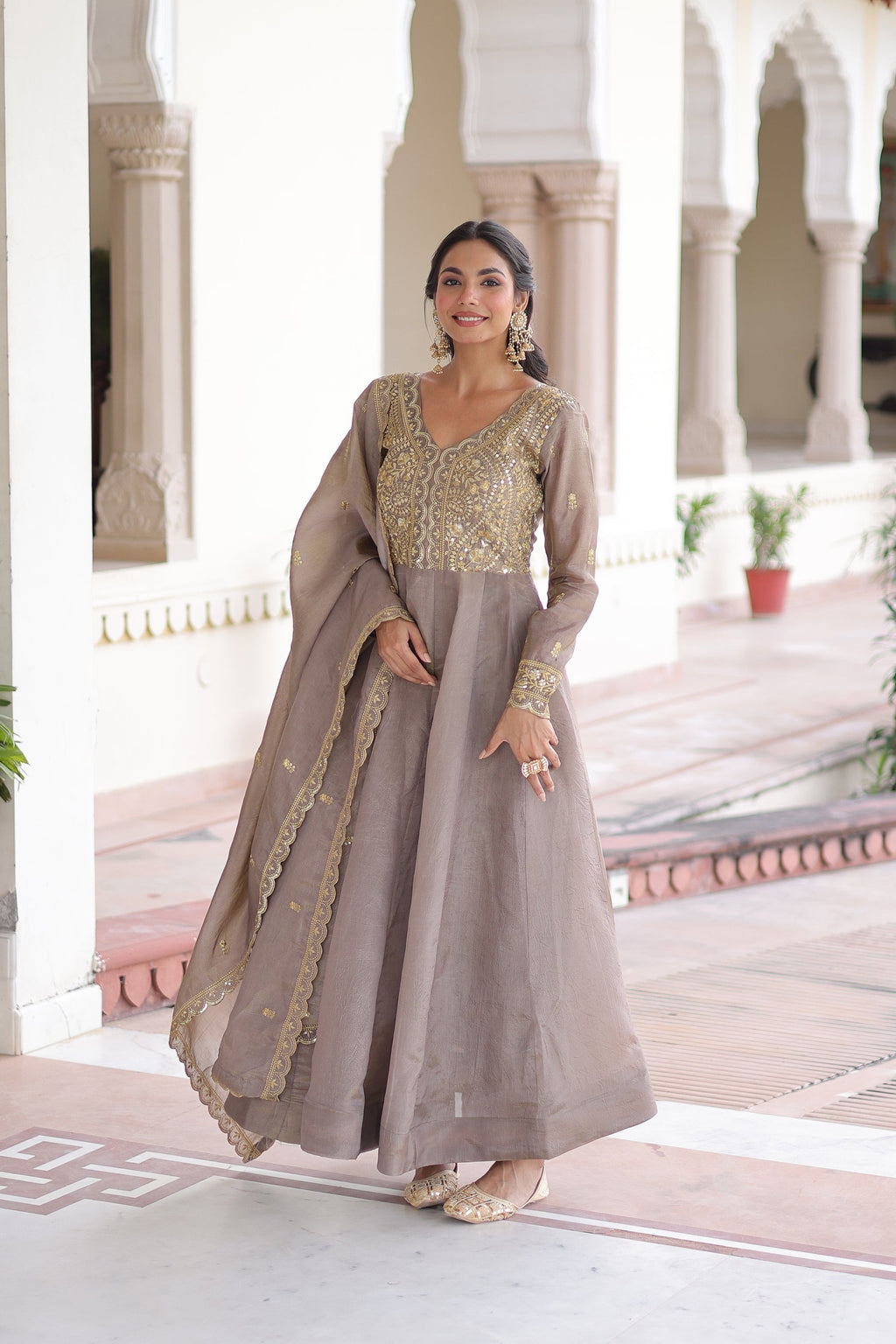Lorenvalley Fashion Grey Gold Crush with Rich Sequins & Zari Embroidered work Gown with Dupatta | Grocsy