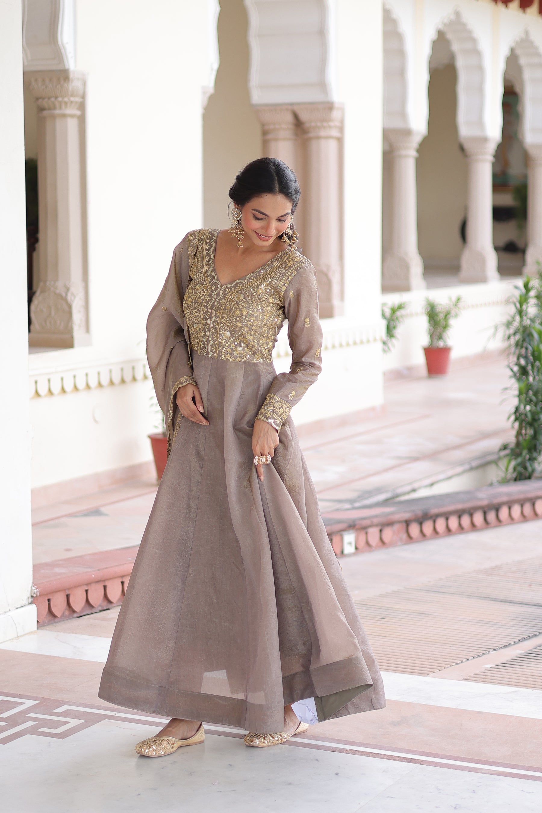 Lorenvalley Fashion Grey Gold Crush with Rich Sequins & Zari Embroidered work Gown with Dupatta | Grocsy
