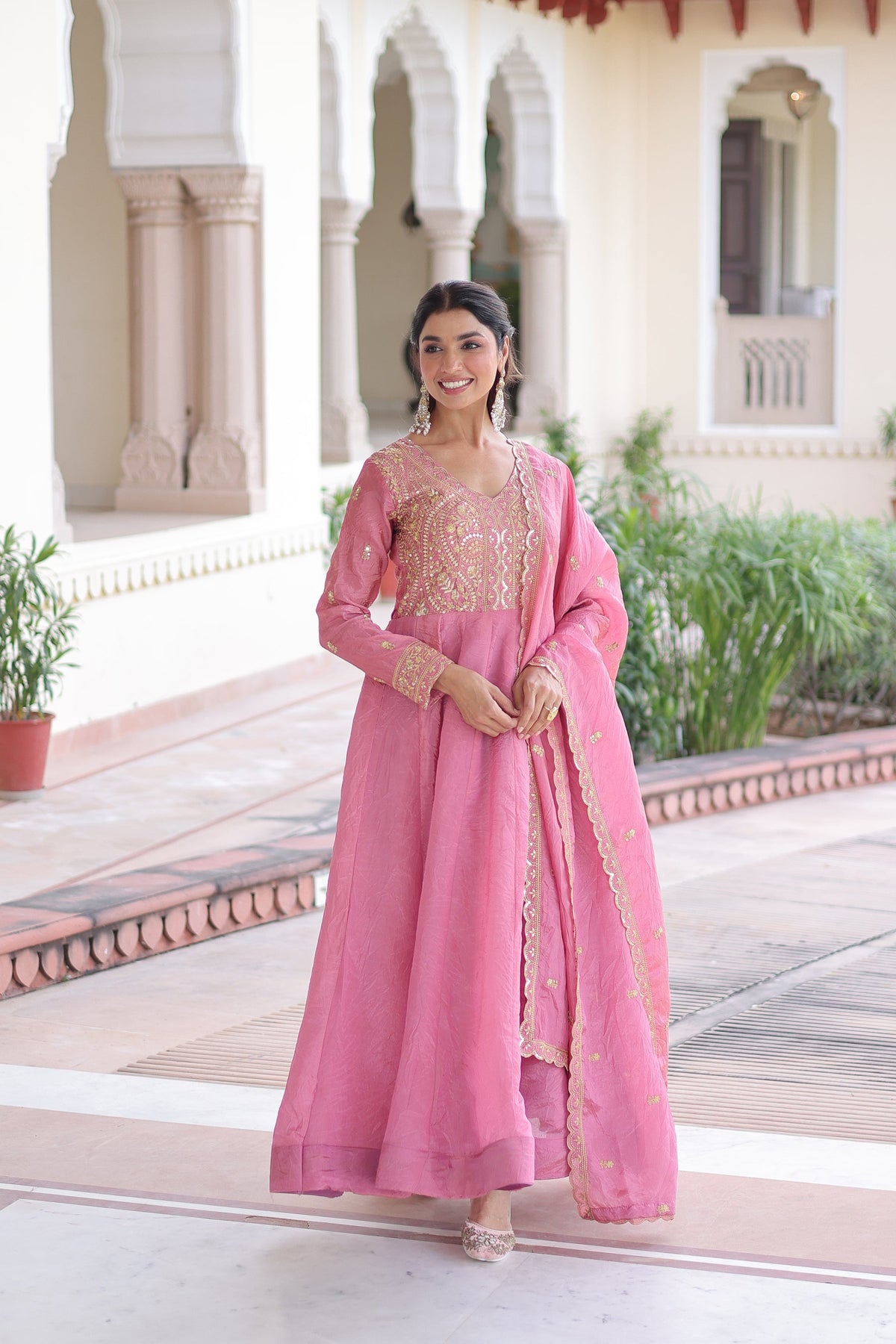 Lorenvalley Fashion Pink Gold Crush with Rich Sequins & Zari Embroidered work Gown with Dupatta | Grocsy