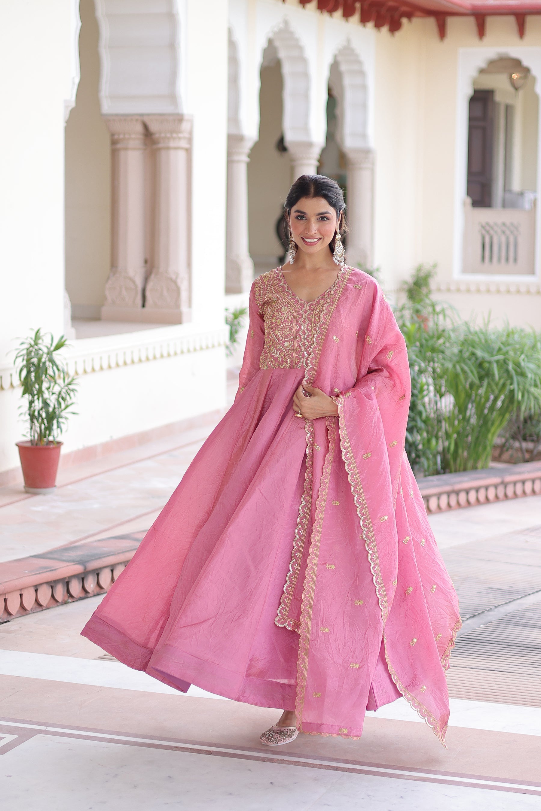 Lorenvalley Fashion Pink Gold Crush with Rich Sequins & Zari Embroidered work Gown with Dupatta | Grocsy