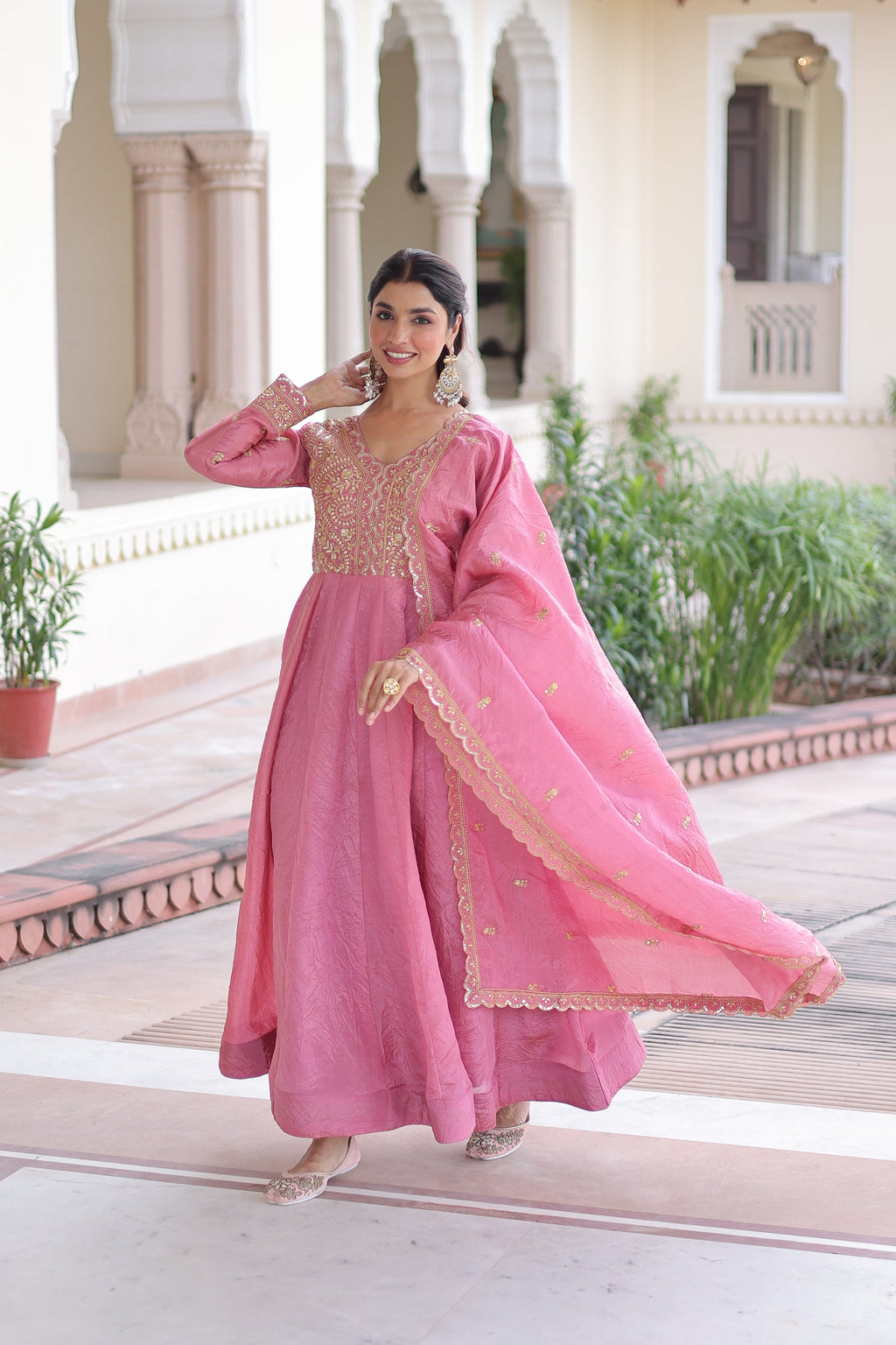Lorenvalley Fashion Pink Gold Crush with Rich Sequins & Zari Embroidered work Gown with Dupatta | Grocsy