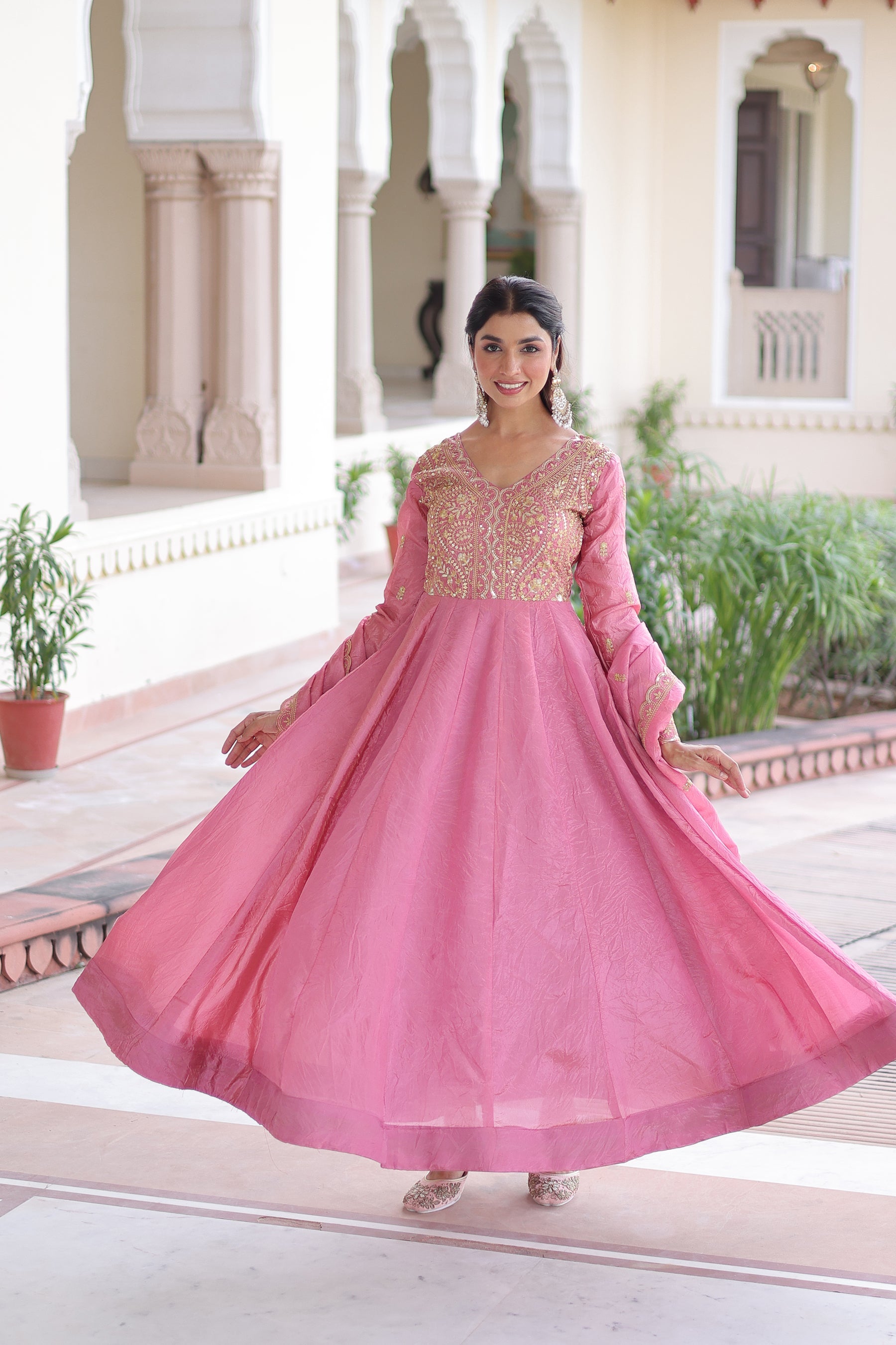 Lorenvalley Fashion Pink Gold Crush with Rich Sequins & Zari Embroidered work Gown with Dupatta | Grocsy