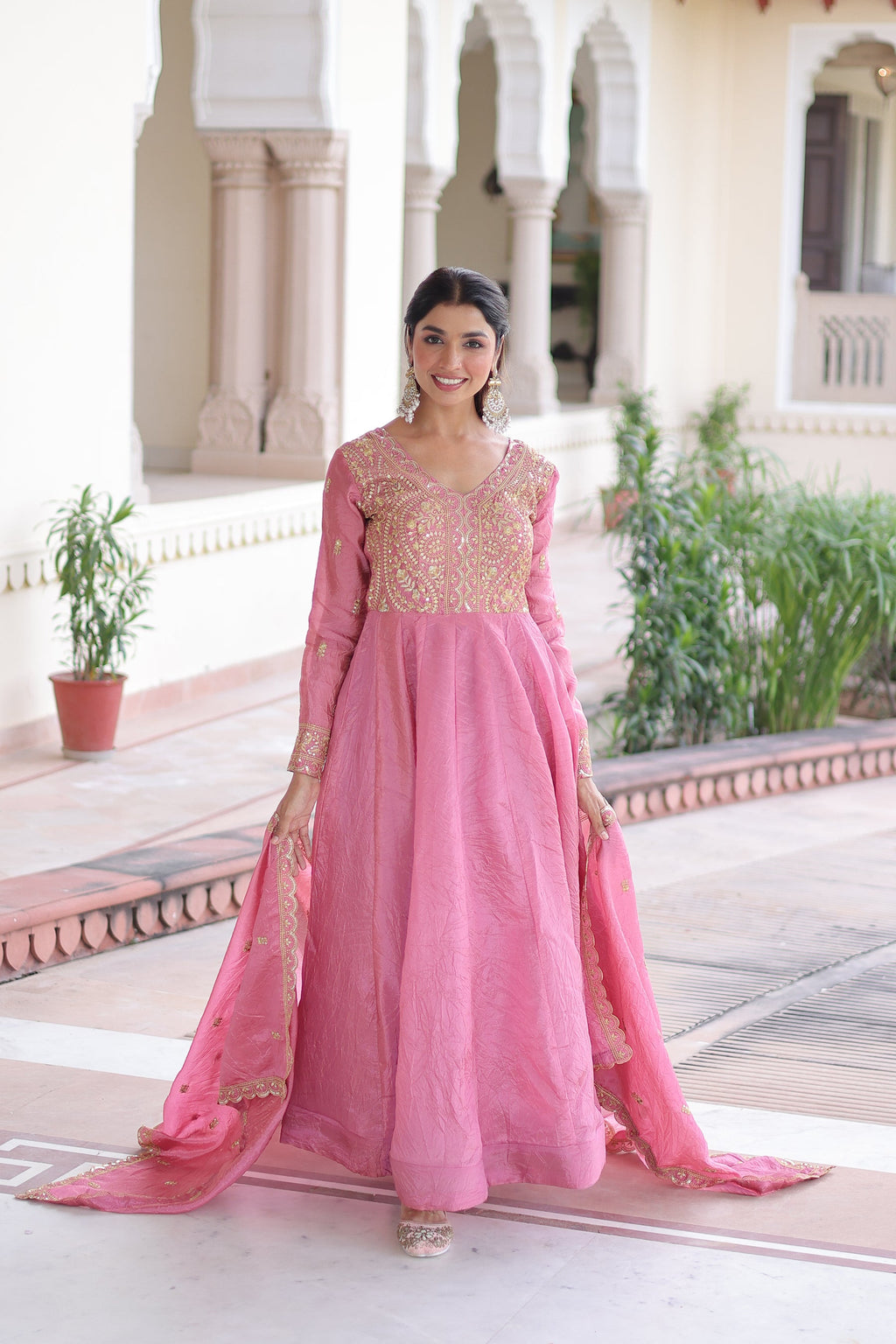 Lorenvalley Fashion Pink Gold Crush with Rich Sequins & Zari Embroidered work Gown with Dupatta | Grocsy