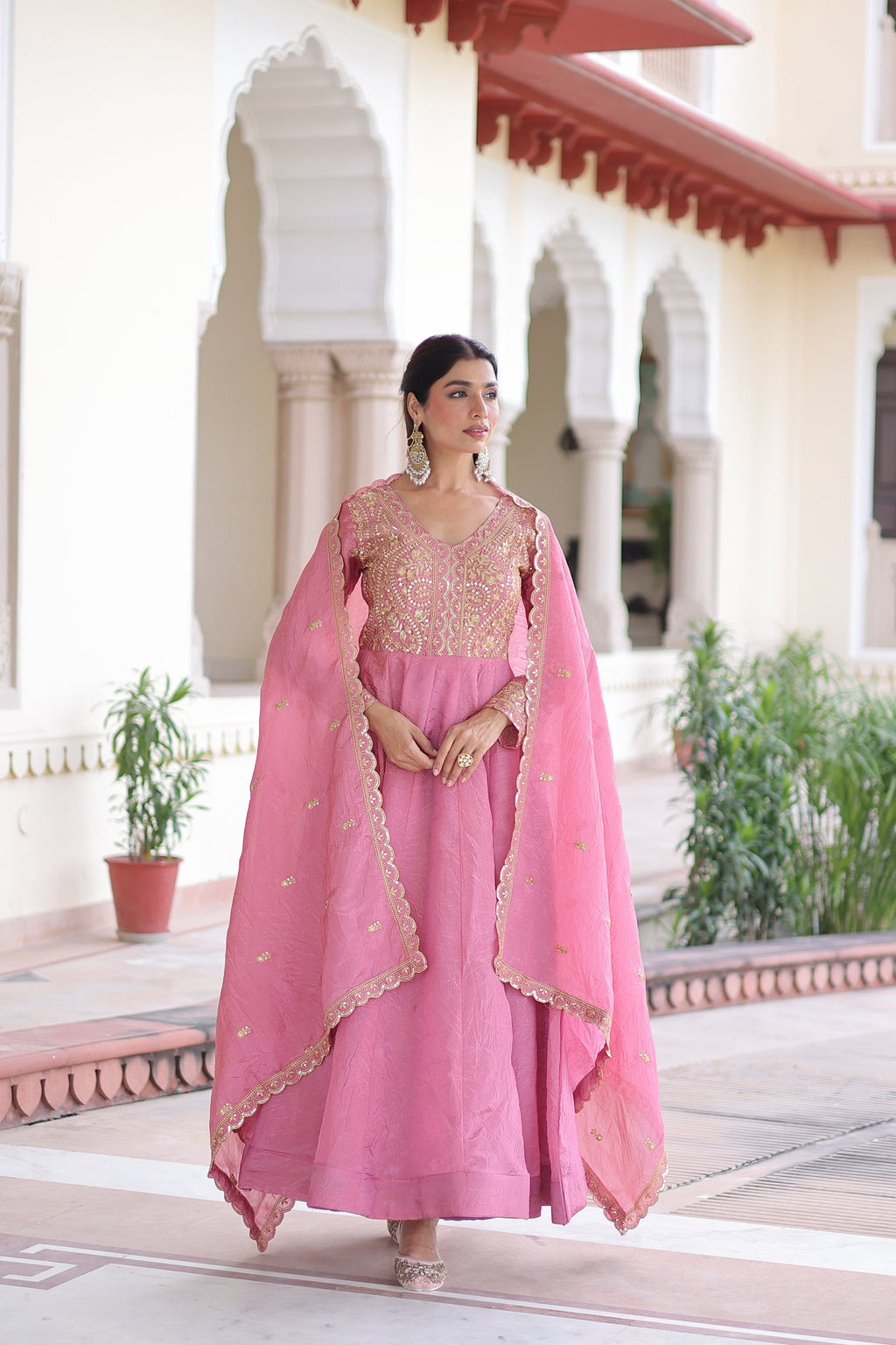 Lorenvalley Fashion Pink Gold Crush with Rich Sequins & Zari Embroidered work Gown with Dupatta | Grocsy