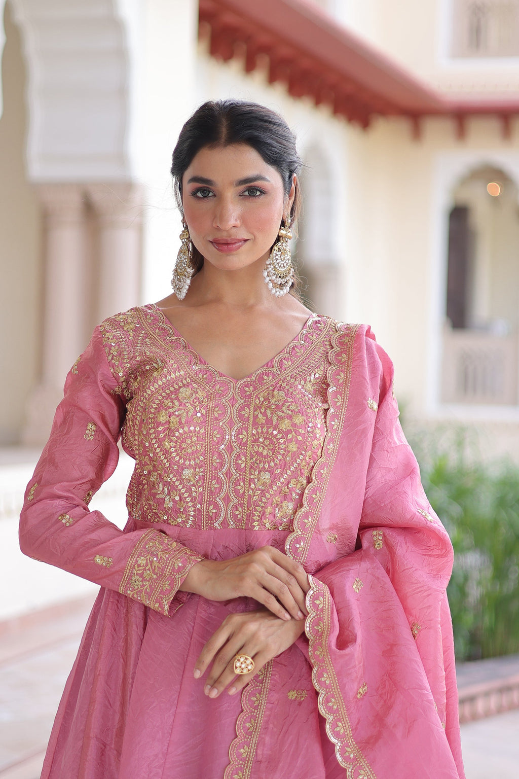 Lorenvalley Fashion Pink Gold Crush with Rich Sequins & Zari Embroidered work Gown with Dupatta | Grocsy