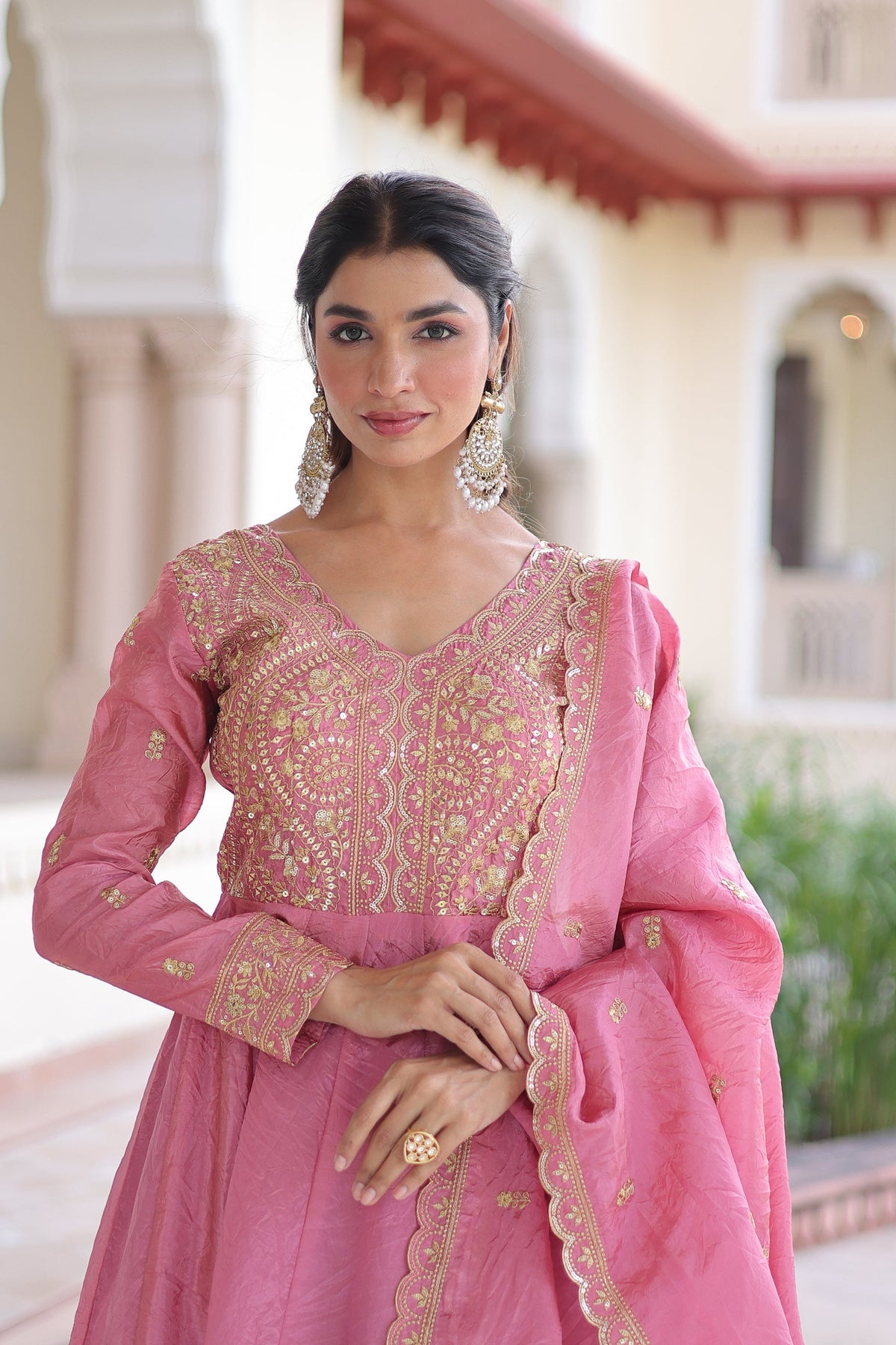 Lorenvalley Fashion Pink Gold Crush with Rich Sequins & Zari Embroidered work Gown with Dupatta | Grocsy