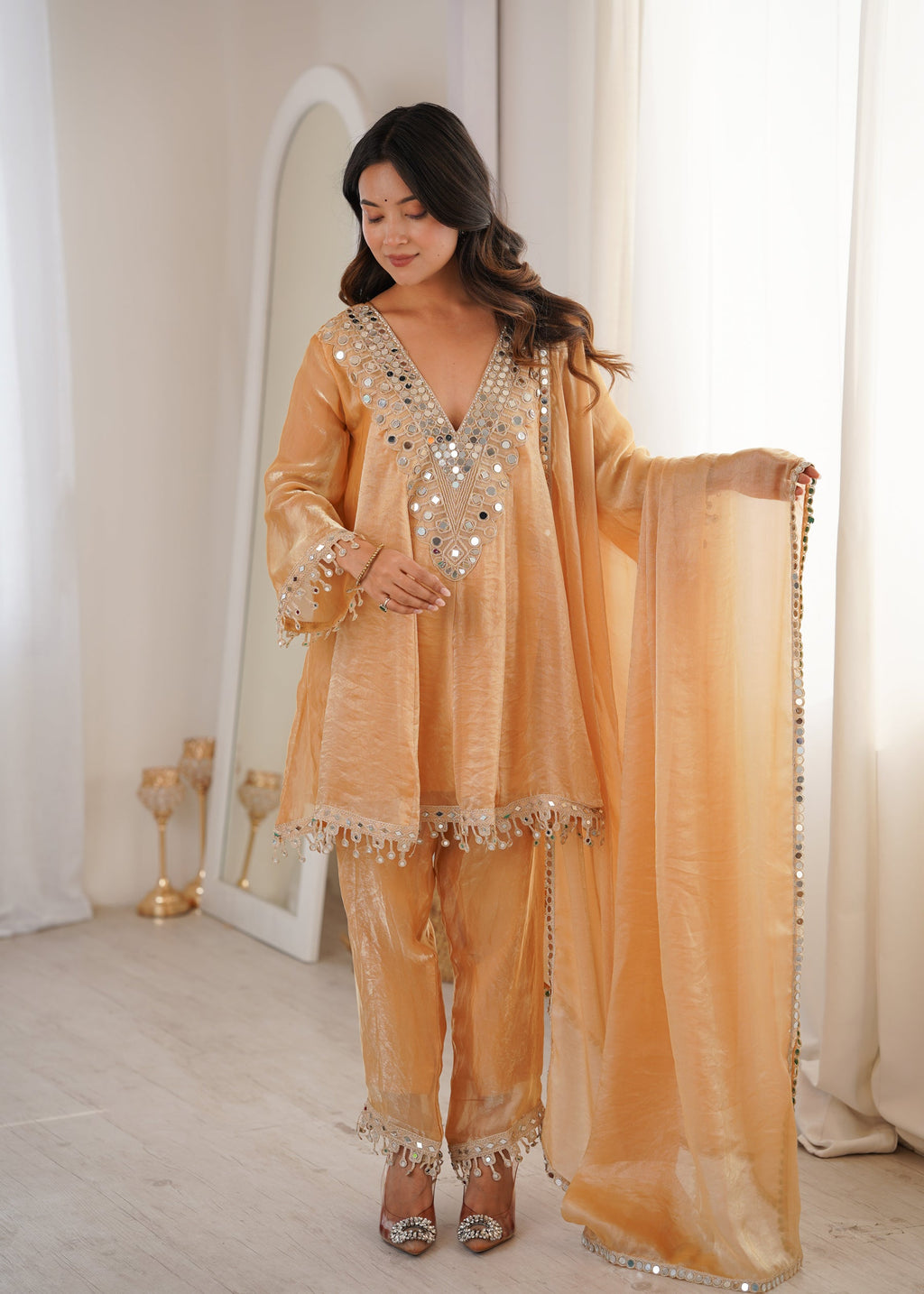 Lorenvalley Fashion Chiku Fendy Satin with Real Mirror with Coding Embroidered Lace work Kurta Pant with Dupatta | Grocsy