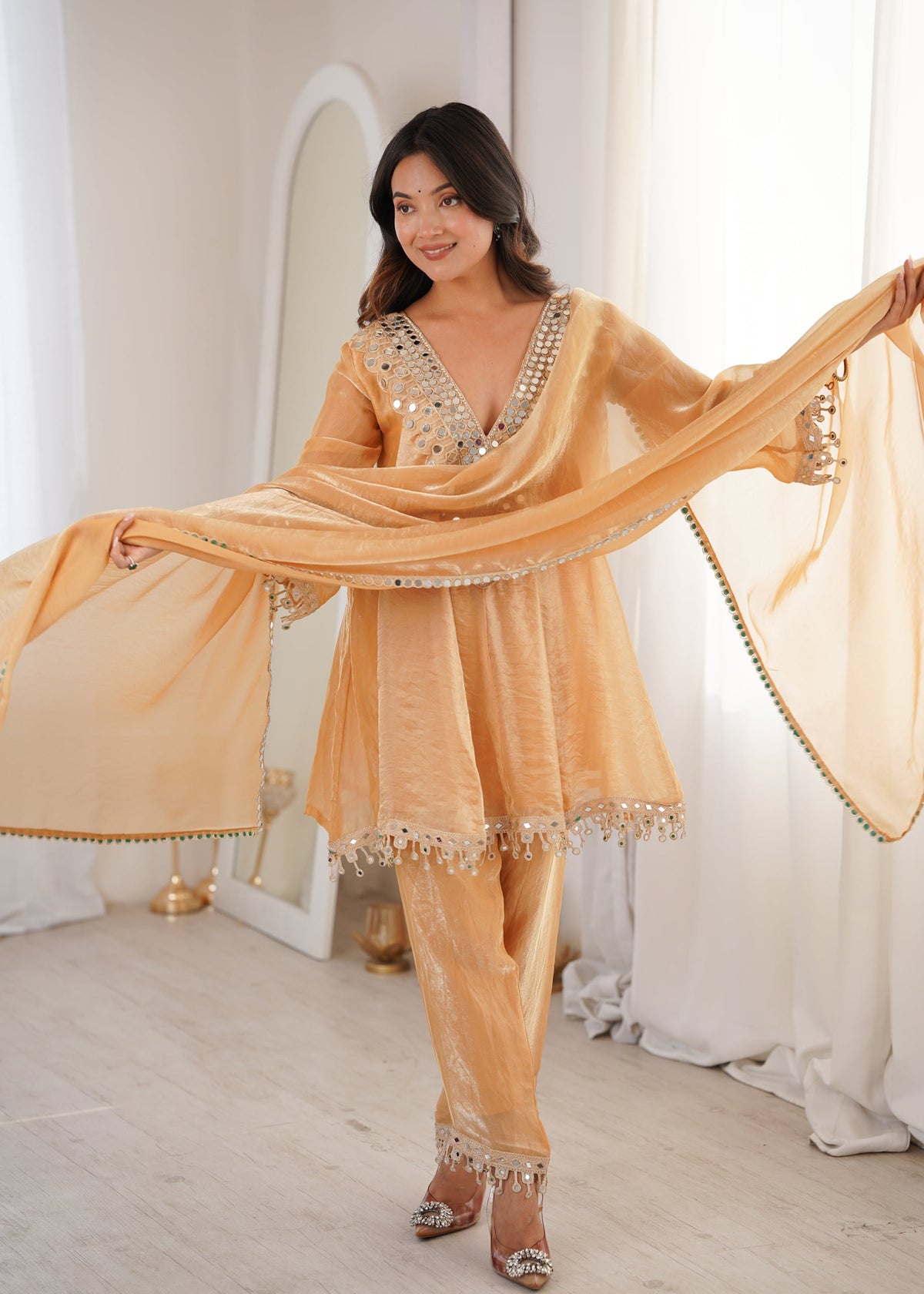 Lorenvalley Fashion Chiku Fendy Satin with Real Mirror with Coding Embroidered Lace work Kurta Pant with Dupatta | Grocsy