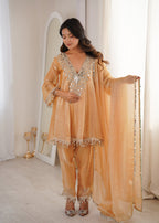 Lorenvalley Fashion Chiku Fendy Satin with Real Mirror with Coding Embroidered Lace work Kurta Pant with Dupatta | Grocsy