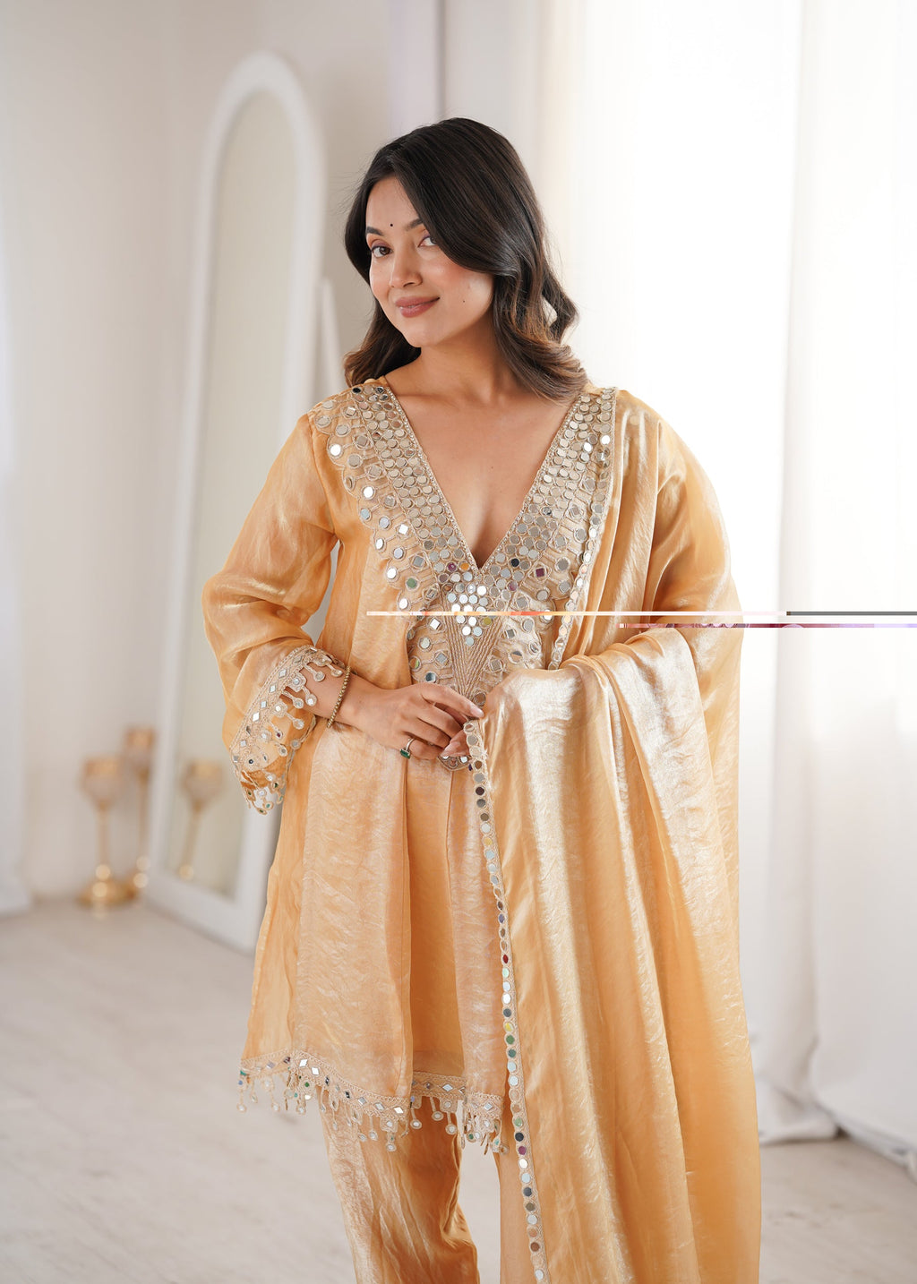 Lorenvalley Fashion Chiku Fendy Satin with Real Mirror with Coding Embroidered Lace work Kurta Pant with Dupatta | Grocsy