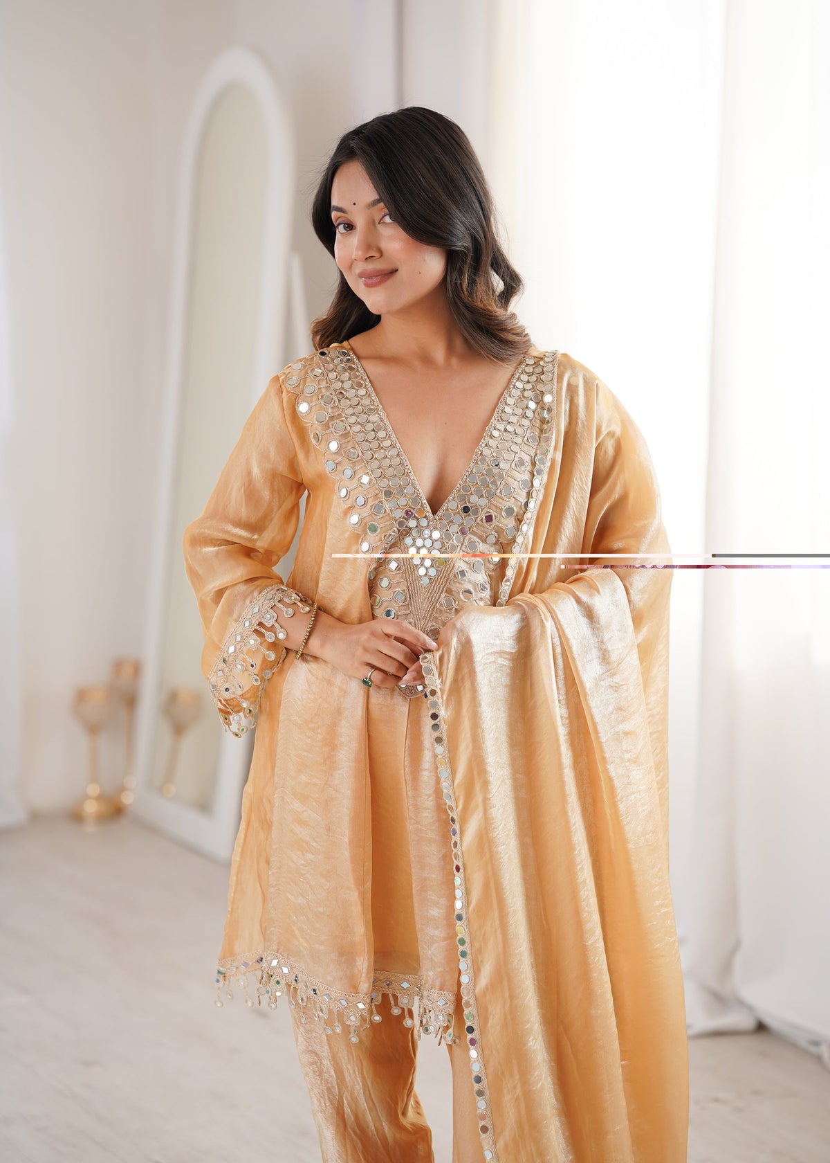 Lorenvalley Fashion Chiku Fendy Satin with Real Mirror with Coding Embroidered Lace work Kurta Pant with Dupatta | Grocsy
