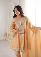 Lorenvalley Fashion Chiku Fendy Satin with Real Mirror with Coding Embroidered Lace work Kurta Pant with Dupatta | Grocsy
