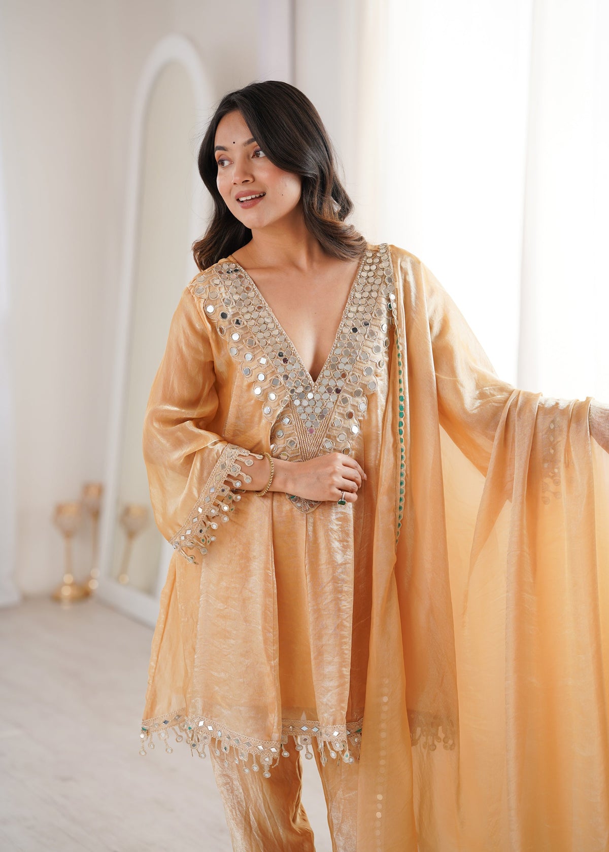 Lorenvalley Fashion Chiku Fendy Satin with Real Mirror with Coding Embroidered Lace work Kurta Pant with Dupatta | Grocsy