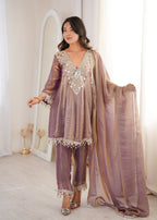 Lorenvalley Fashion Purple Fendy Satin with Real Mirror with Coding Embroidered Lace work Kurta Pant with Dupatta | Grocsy