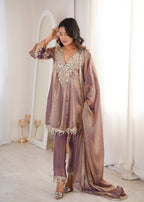 Lorenvalley Fashion Purple Fendy Satin with Real Mirror with Coding Embroidered Lace work Kurta Pant with Dupatta | Grocsy