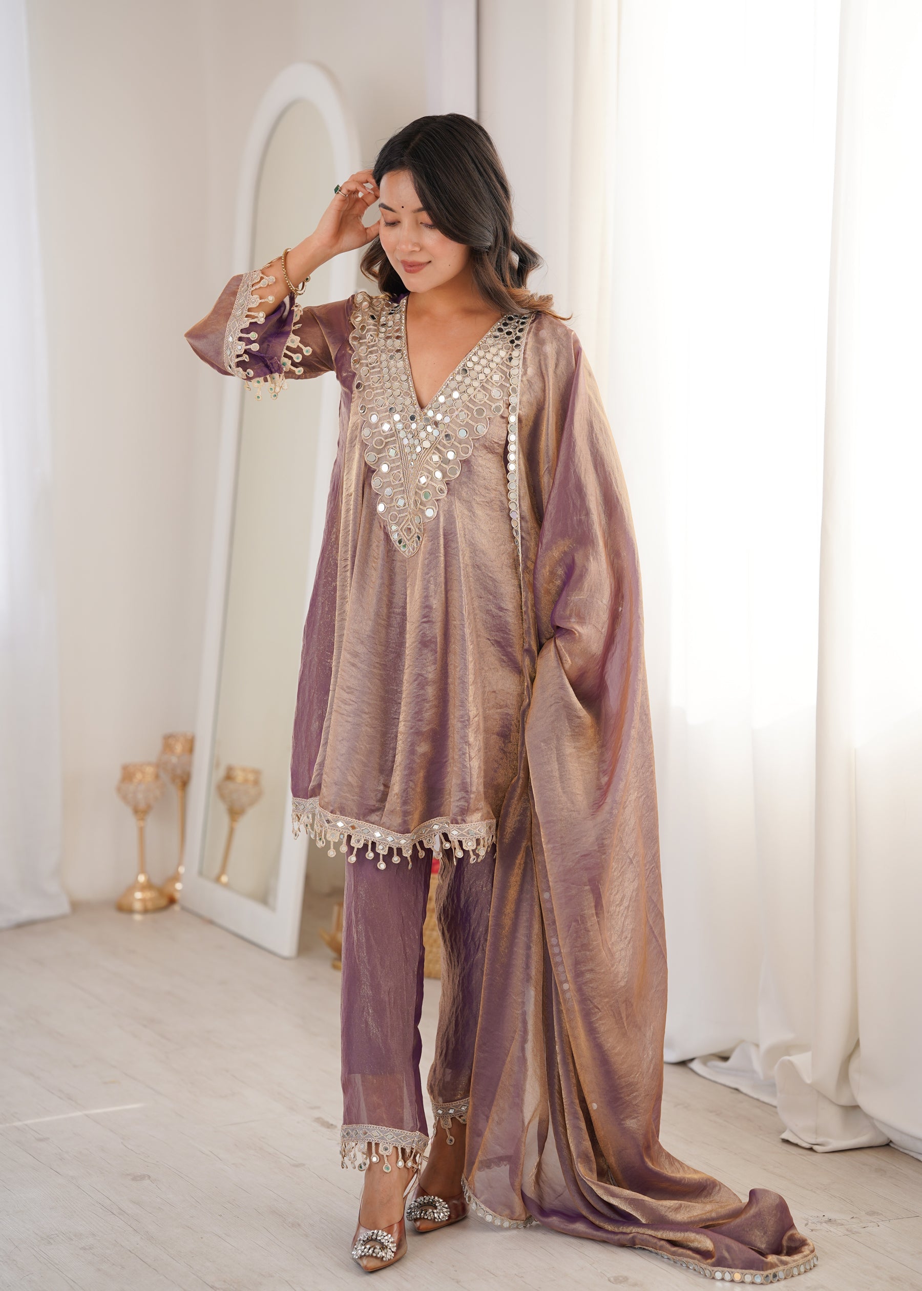 Lorenvalley Fashion Purple Fendy Satin with Real Mirror with Coding Embroidered Lace work Kurta Pant with Dupatta | Grocsy