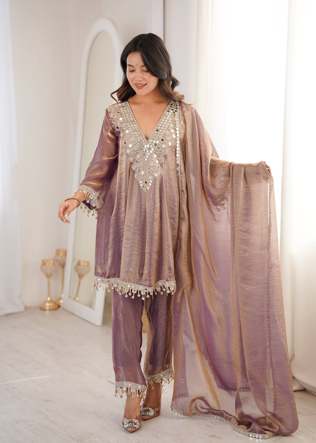 Lorenvalley Fashion Purple Fendy Satin with Real Mirror with Coding Embroidered Lace work Kurta Pant with Dupatta | Grocsy