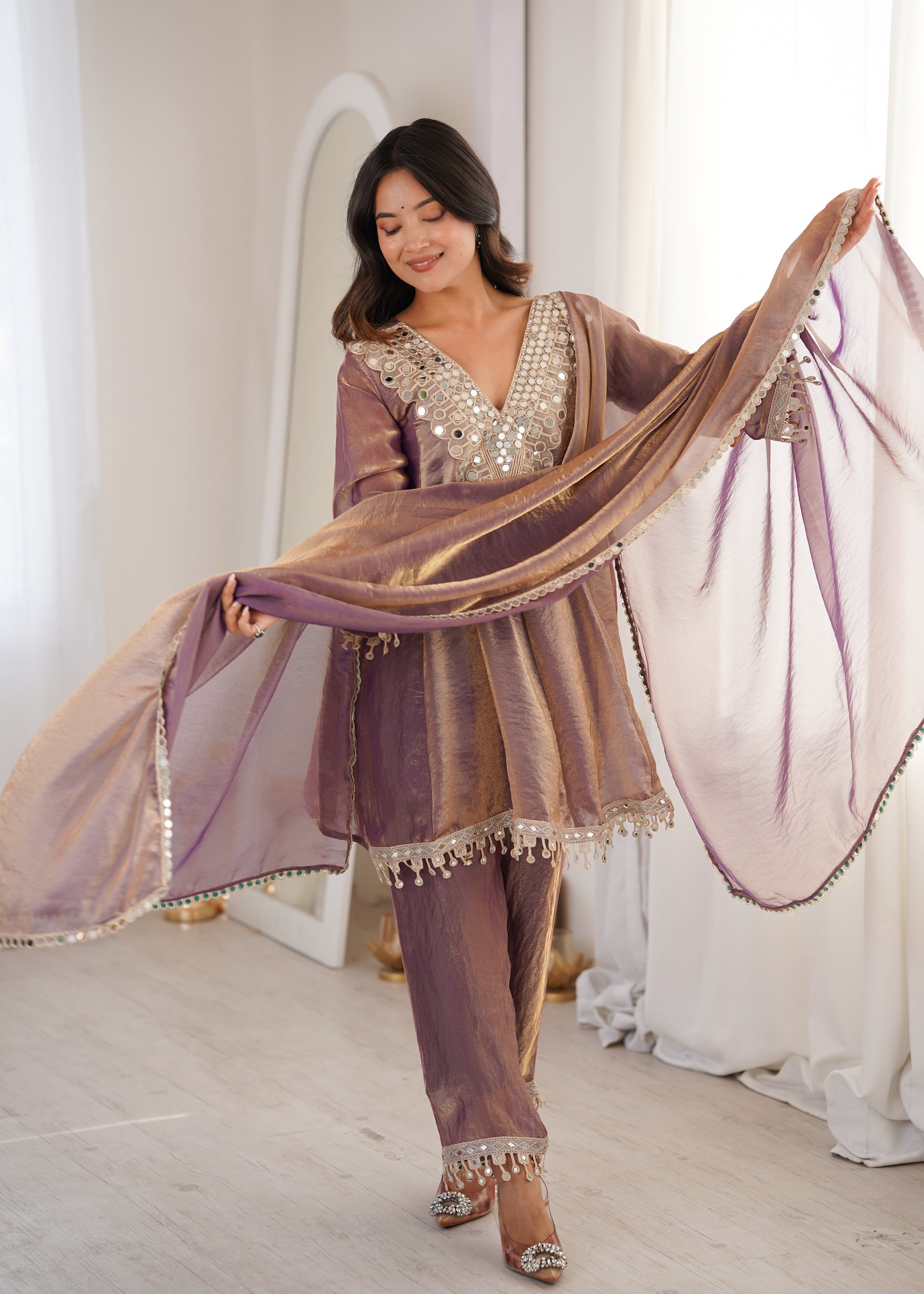 Lorenvalley Fashion Purple Fendy Satin with Real Mirror with Coding Embroidered Lace work Kurta Pant with Dupatta | Grocsy