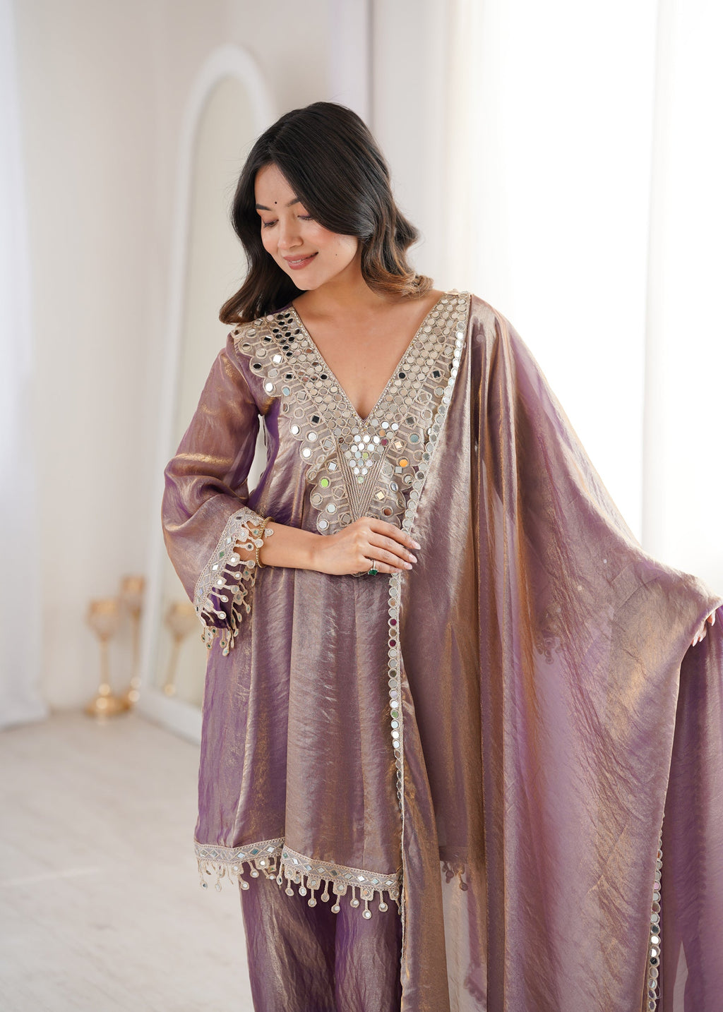 Lorenvalley Fashion Purple Fendy Satin with Real Mirror with Coding Embroidered Lace work Kurta Pant with Dupatta | Grocsy
