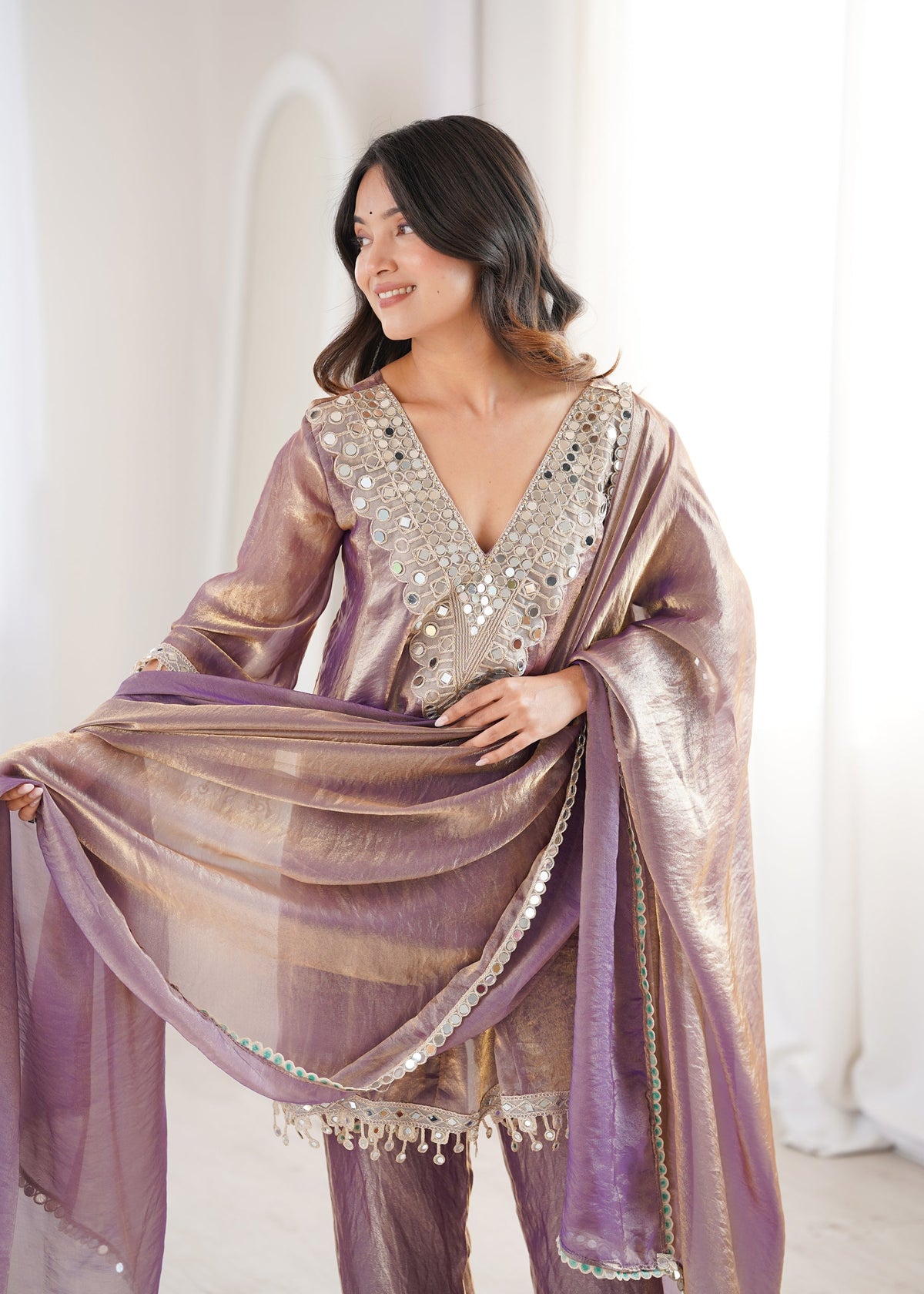Lorenvalley Fashion Purple Fendy Satin with Real Mirror with Coding Embroidered Lace work Kurta Pant with Dupatta | Grocsy