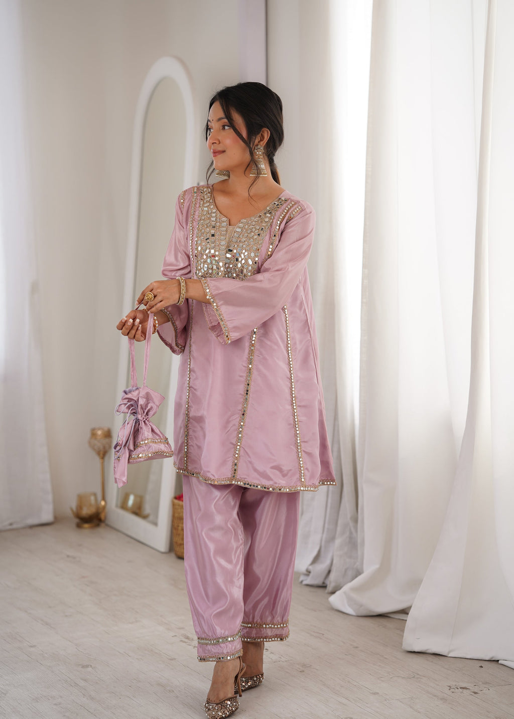Lorenvalley Fashion Pink H O Silk with Real Mirror Embroidered work Kurta Pant with Batwa | Grocsy