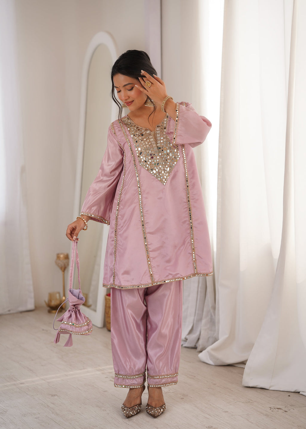 Lorenvalley Fashion Pink H O Silk with Real Mirror Embroidered work Kurta Pant with Batwa | Grocsy