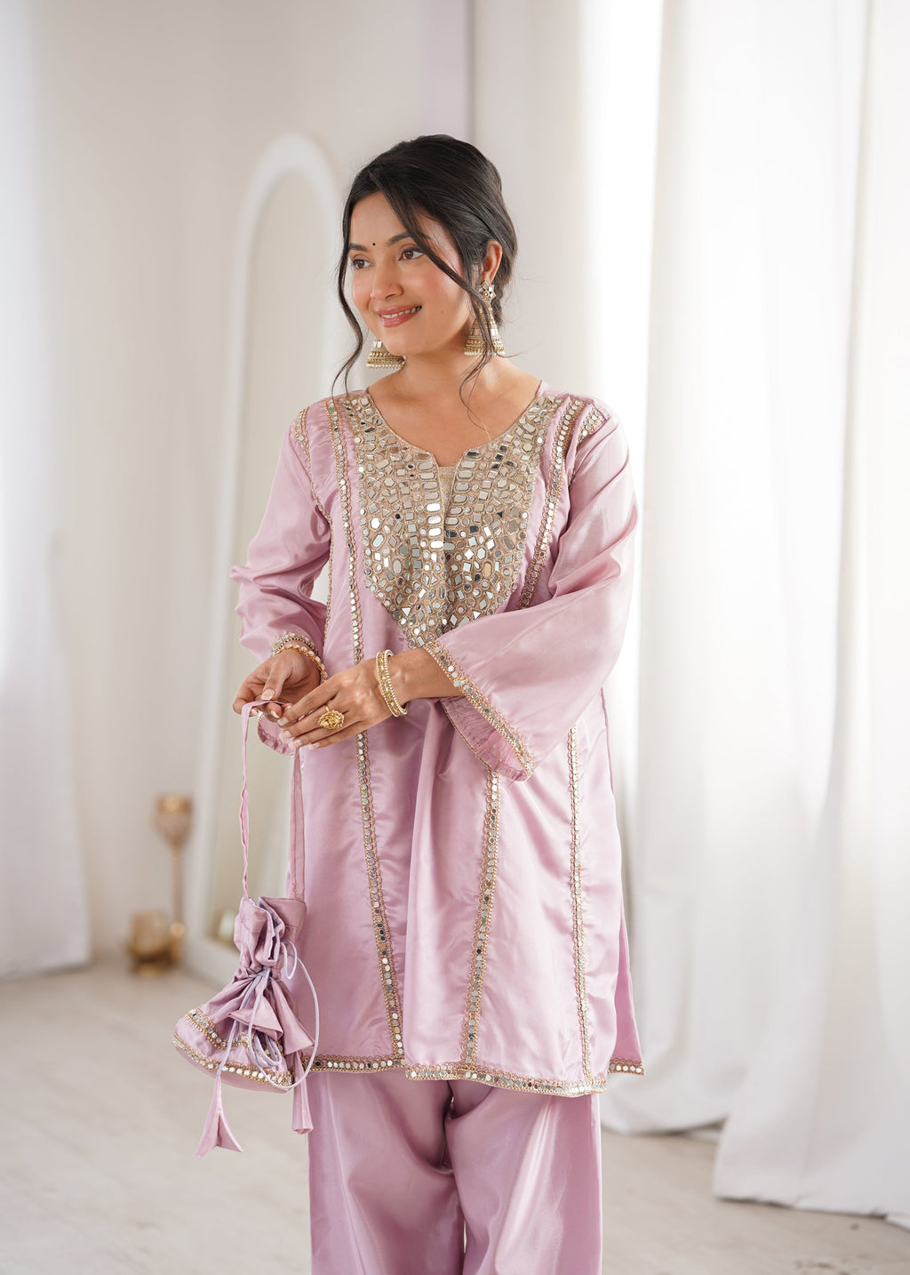 Lorenvalley Fashion Pink H O Silk with Real Mirror Embroidered work Kurta Pant with Batwa | Grocsy