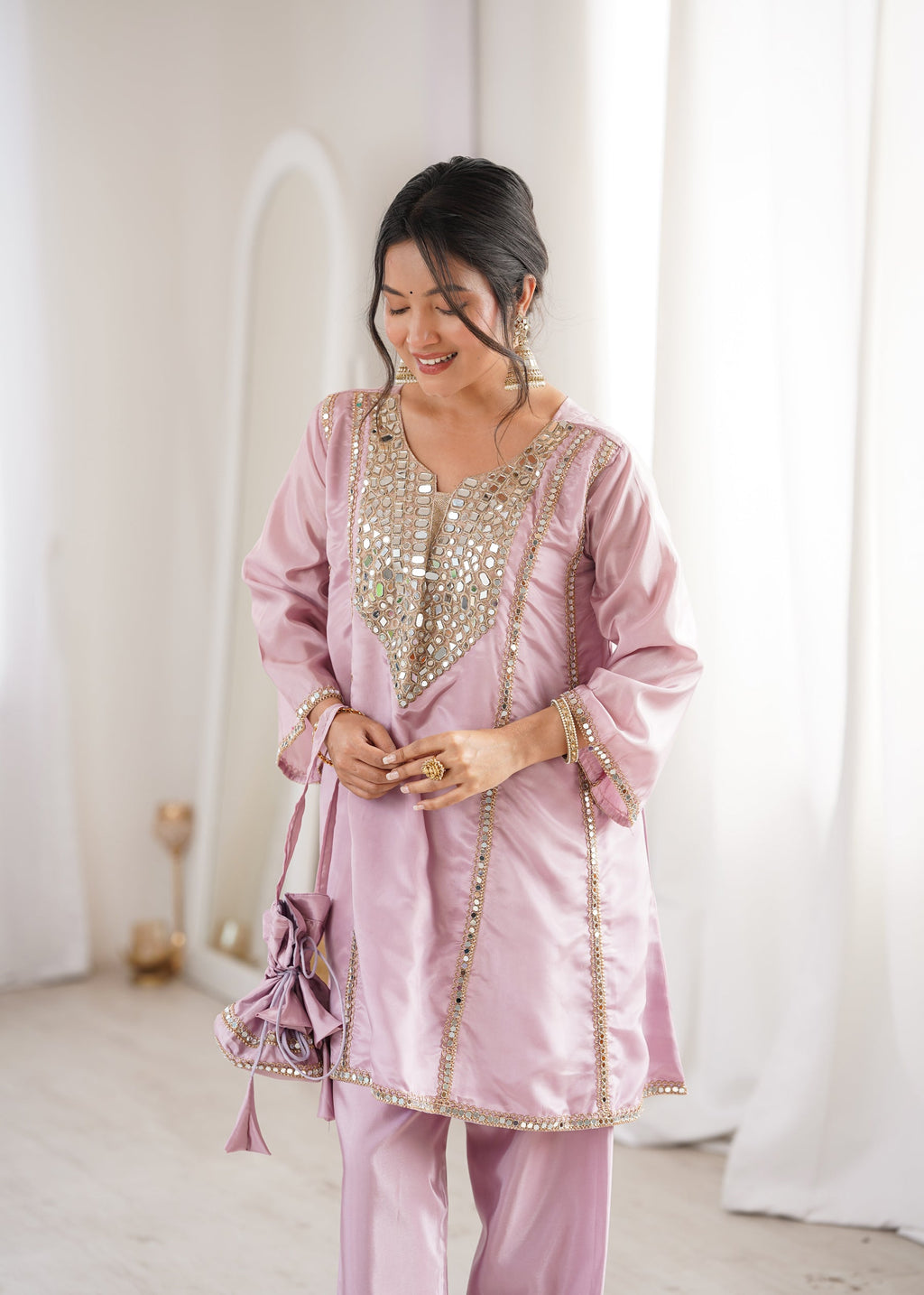 Lorenvalley Fashion Pink H O Silk with Real Mirror Embroidered work Kurta Pant with Batwa | Grocsy