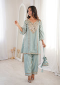 Lorenvalley Fashion Skyblue H O Silk with Real Mirror Embroidered work Kurta Pant with Batwa | Grocsy
