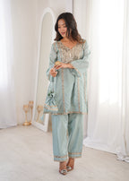 Lorenvalley Fashion Skyblue H O Silk with Real Mirror Embroidered work Kurta Pant with Batwa | Grocsy