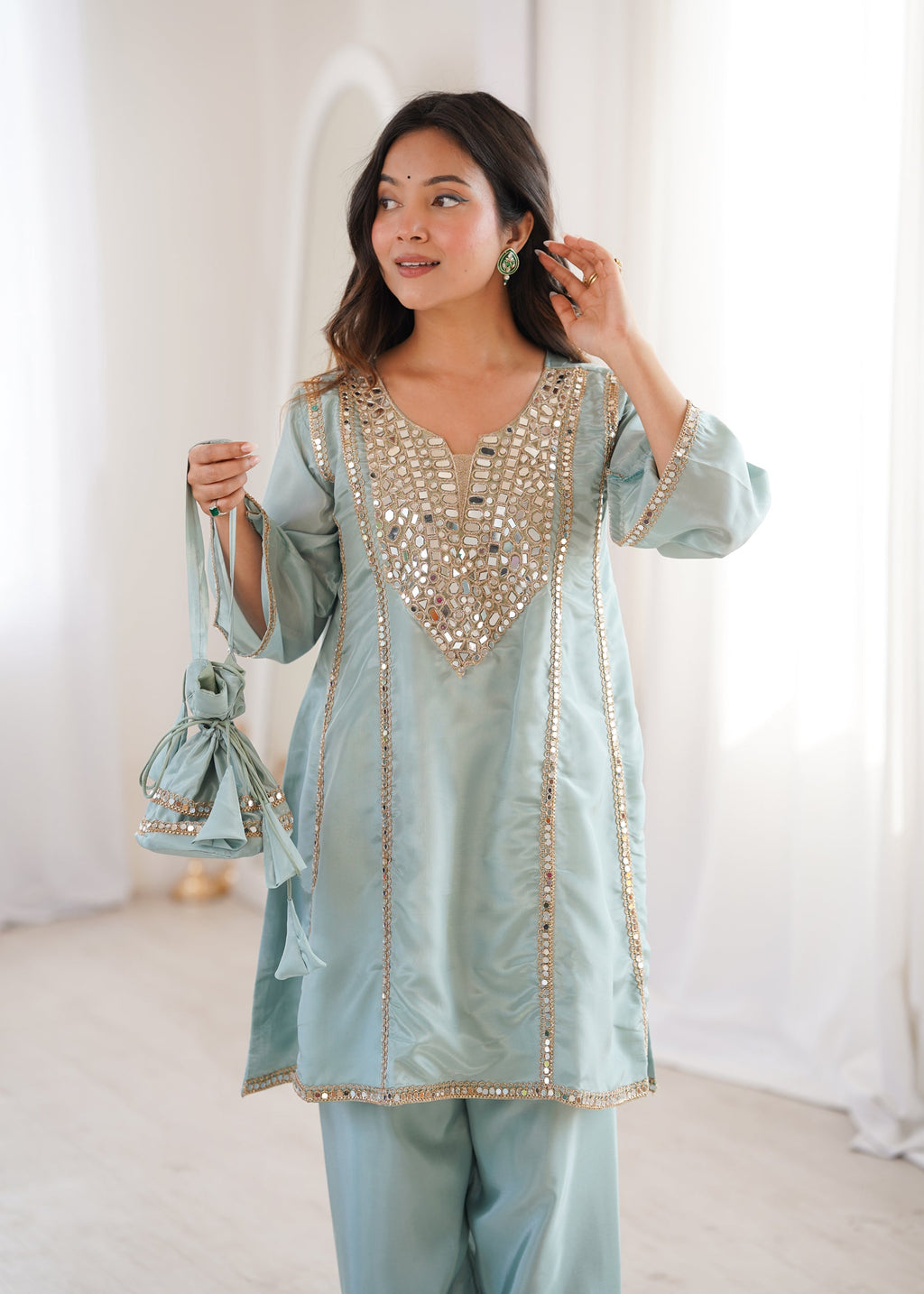 Lorenvalley Fashion Skyblue H O Silk with Real Mirror Embroidered work Kurta Pant with Batwa | Grocsy