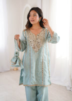 Lorenvalley Fashion Skyblue H O Silk with Real Mirror Embroidered work Kurta Pant with Batwa | Grocsy
