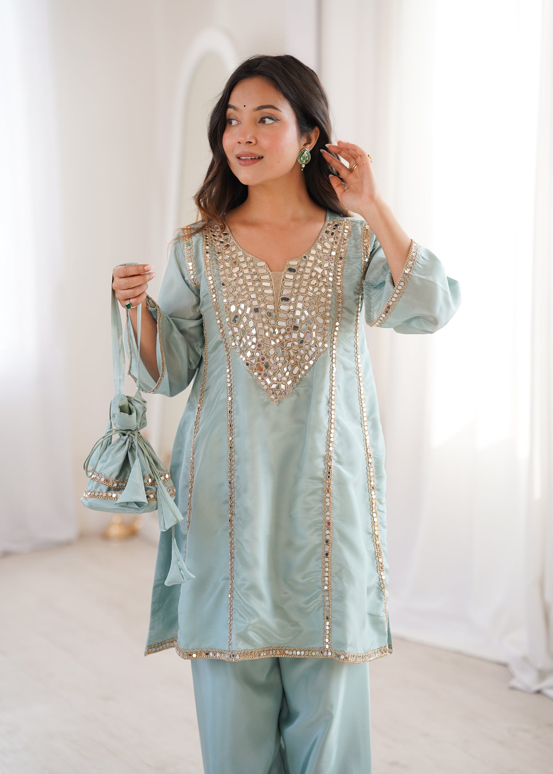 Lorenvalley Fashion Skyblue H O Silk with Real Mirror Embroidered work Kurta Pant with Batwa | Grocsy