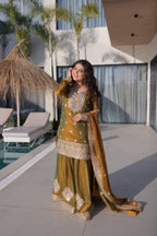 Lorenvalley Fashion Mehendi Fendy Chiffon with Zari Sequins Coding Embroidered work Kurta Palazzo with Dupatta | Grocsy