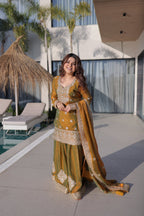 Lorenvalley Fashion Mehendi Fendy Chiffon with Zari Sequins Coding Embroidered work Kurta Palazzo with Dupatta | Grocsy