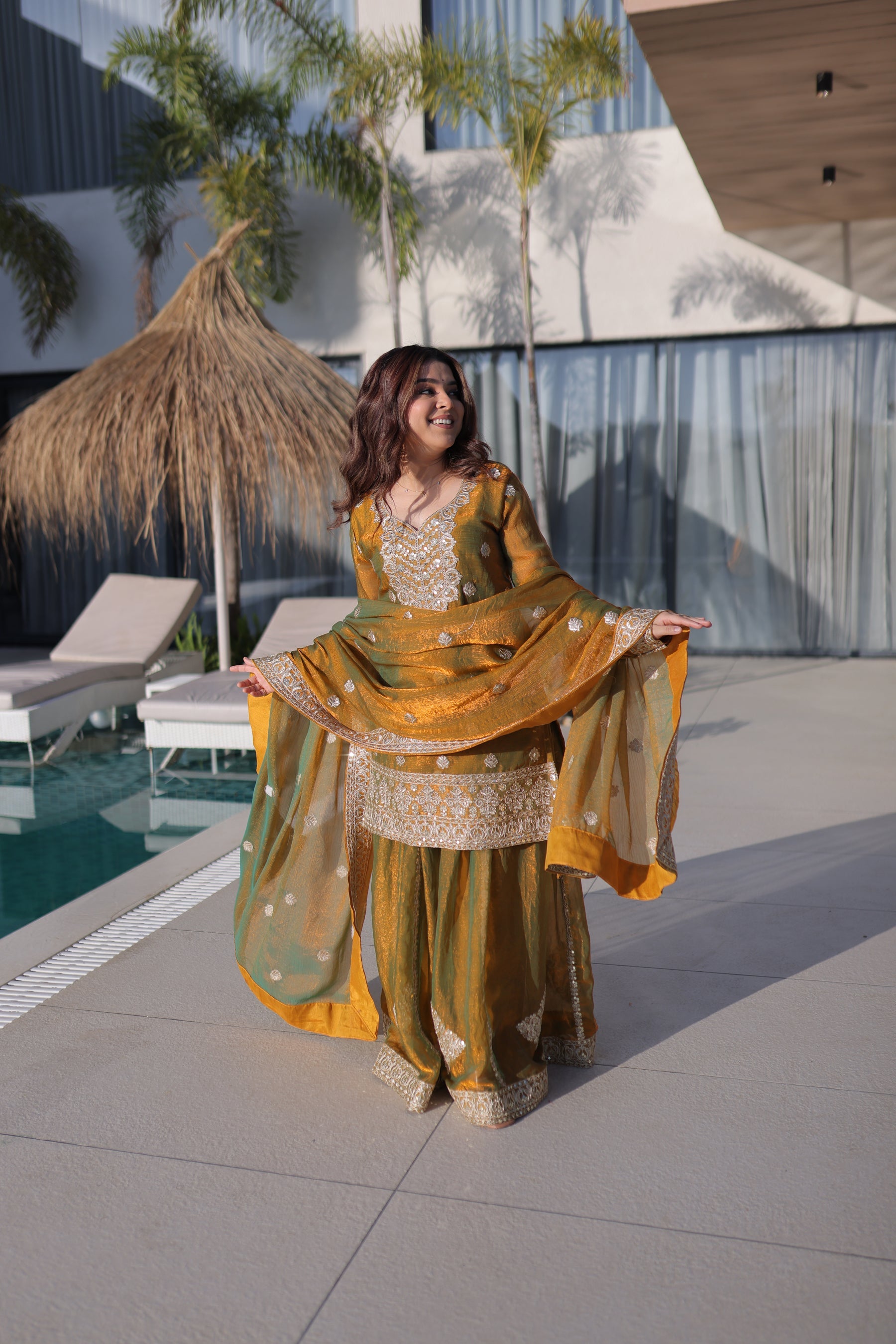 Lorenvalley Fashion Mehendi Fendy Chiffon with Zari Sequins Coding Embroidered work Kurta Palazzo with Dupatta | Grocsy