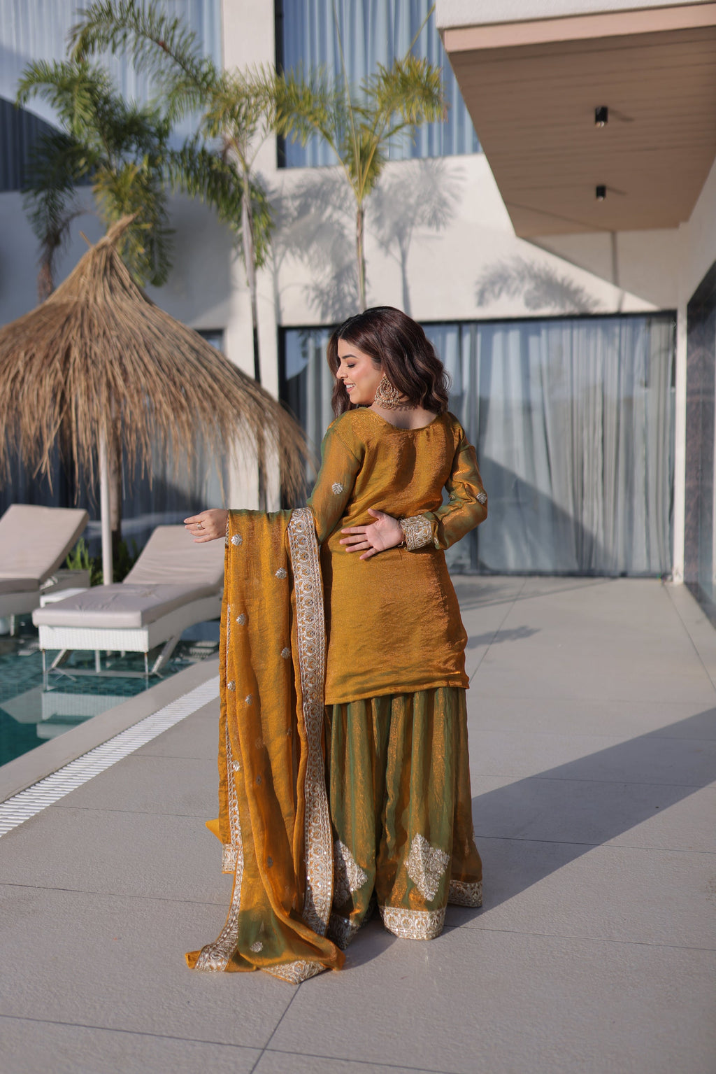 Lorenvalley Fashion Mehendi Fendy Chiffon with Zari Sequins Coding Embroidered work Kurta Palazzo with Dupatta | Grocsy