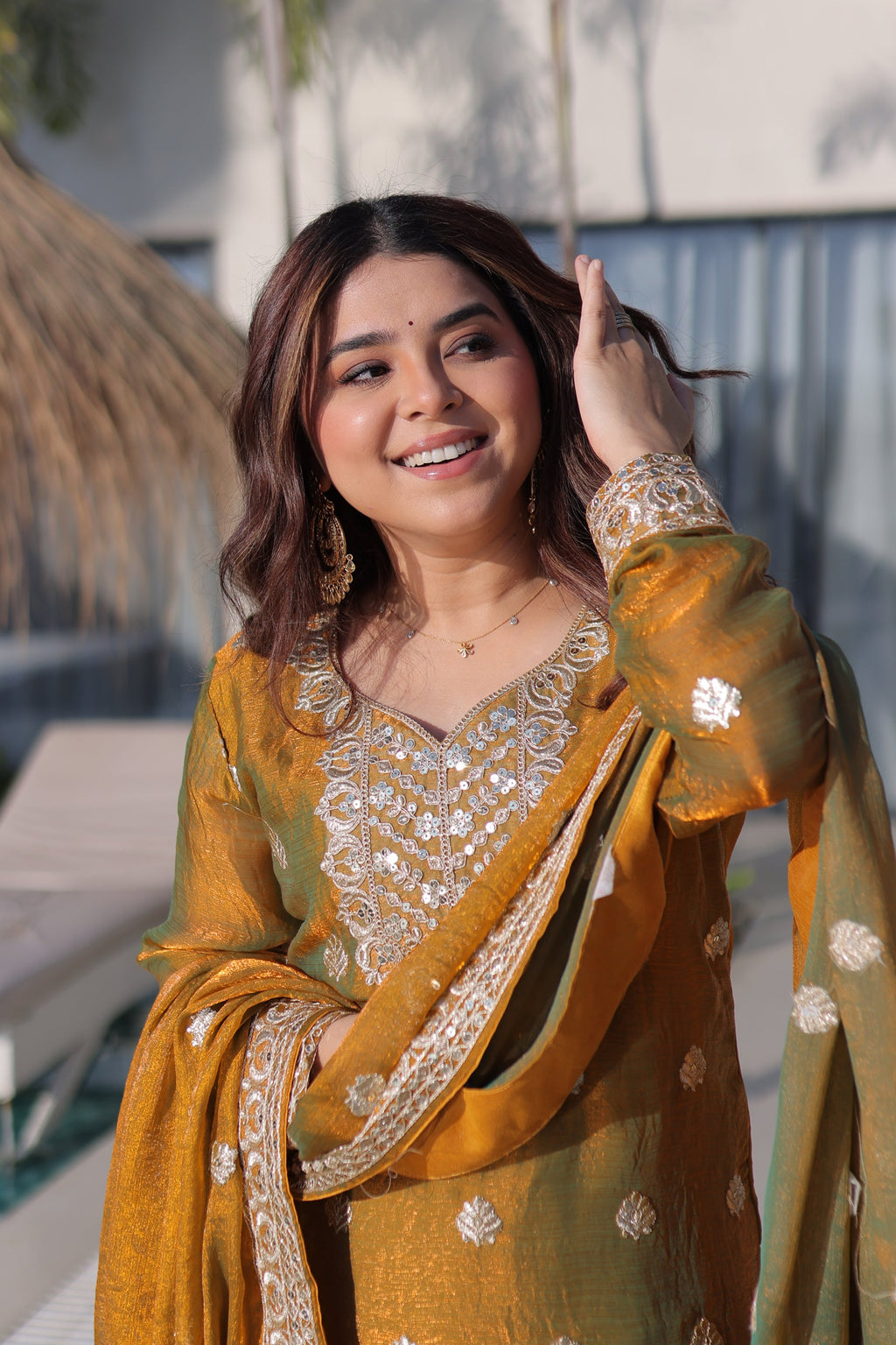 Lorenvalley Fashion Mehendi Fendy Chiffon with Zari Sequins Coding Embroidered work Kurta Palazzo with Dupatta | Grocsy
