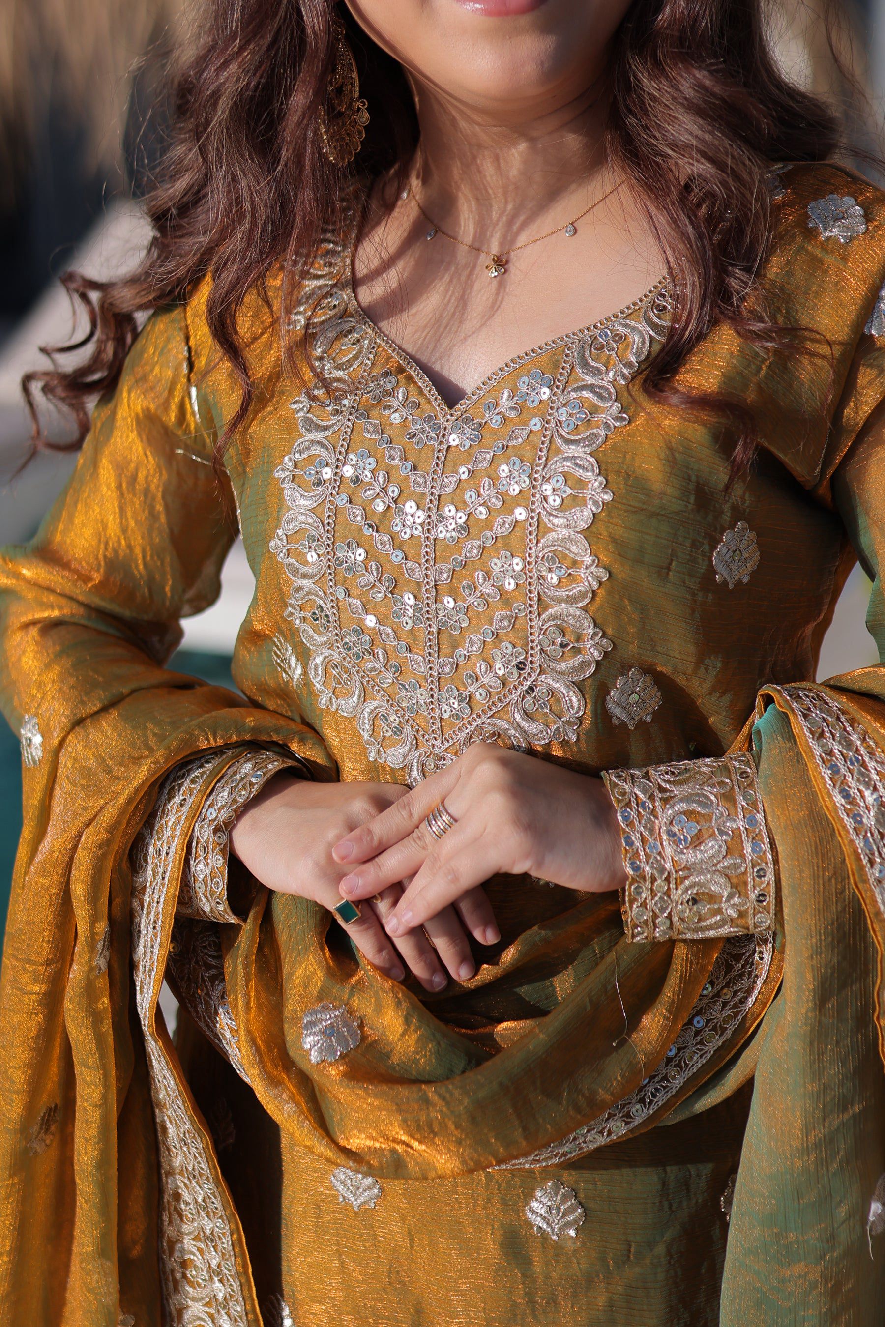 Lorenvalley Fashion Mehendi Fendy Chiffon with Zari Sequins Coding Embroidered work Kurta Palazzo with Dupatta | Grocsy