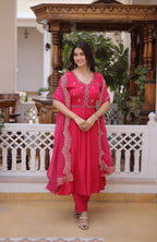Lorenvalley Fashion Pink Mul Chanderi with Beads Thread Embroidered work Kurta Pant with Dupatta | Grocsy