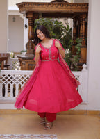 Lorenvalley Fashion Pink Mul Chanderi with Beads Thread Embroidered work Kurta Pant with Dupatta | Grocsy